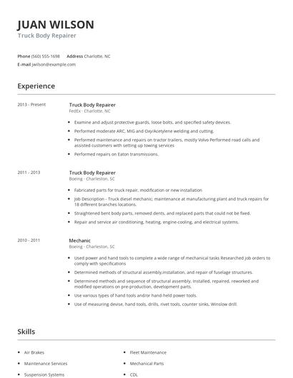 Truck Body Repairer Resume