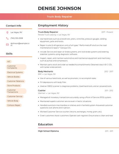 Truck Body Repairer Resume