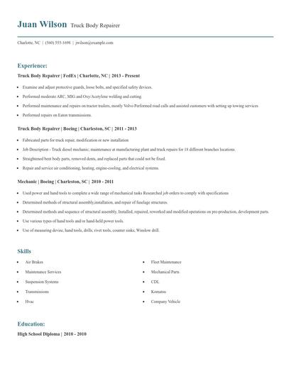 Truck Body Repairer Resume