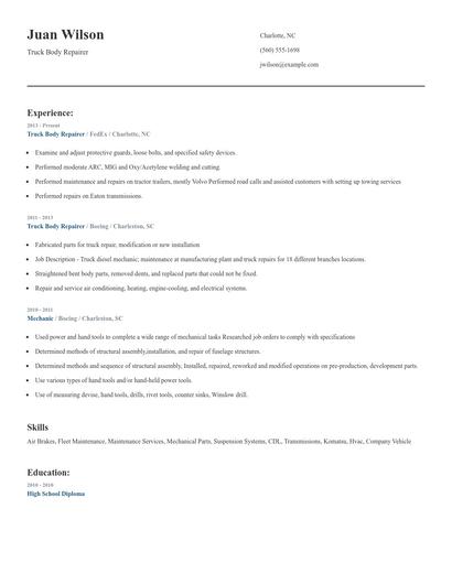 Truck Body Repairer Resume