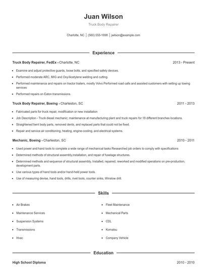 Truck Body Repairer Resume