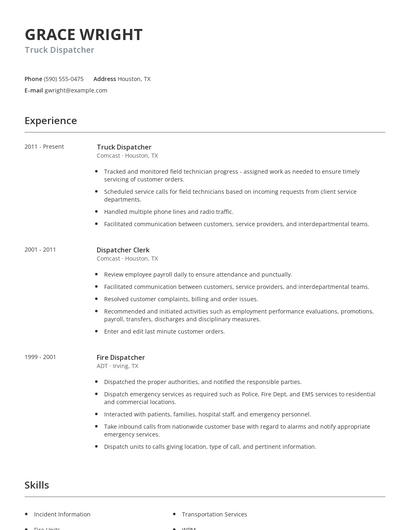 Truck Dispatcher Resume