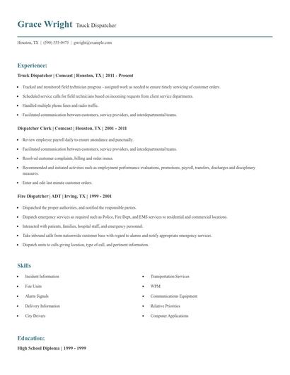 Truck Dispatcher Resume