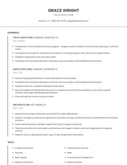 Truck Dispatcher Resume