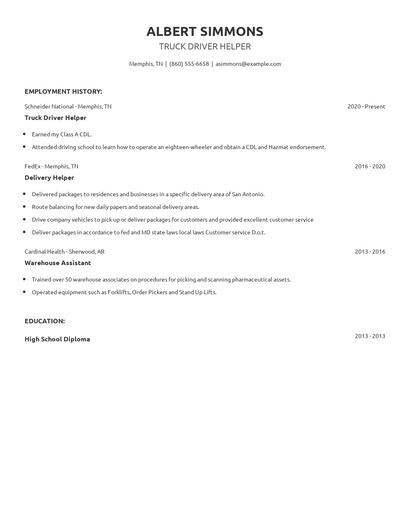 Truck Driver Helper Resume