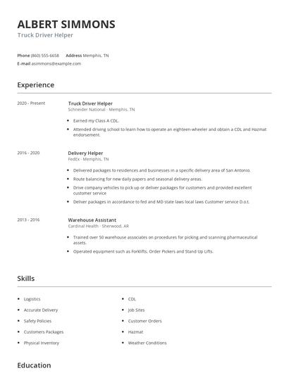 Truck Driver Helper Resume