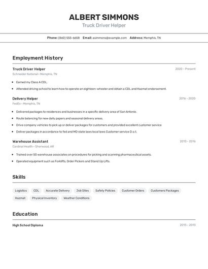 Truck Driver Helper Resume