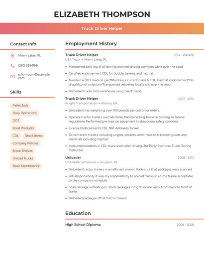 Truck Driver Helper Resume