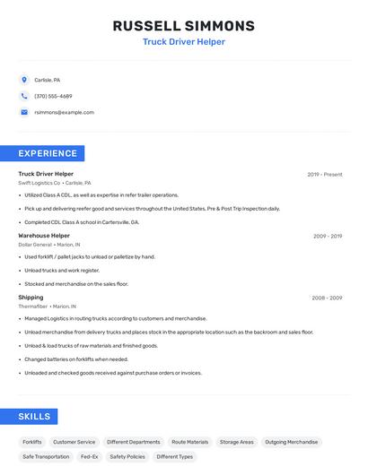 Truck Driver Helper Resume