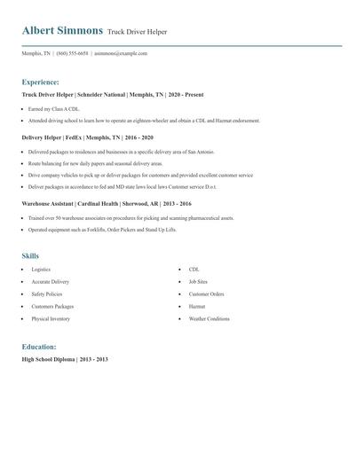 Truck Driver Helper Resume
