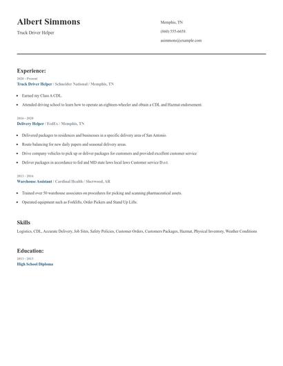 Truck Driver Helper Resume