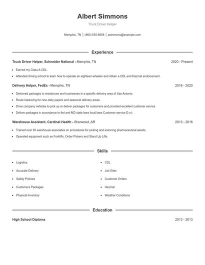 Truck Driver Helper Resume