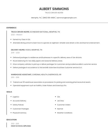 Truck Driver Helper Resume
