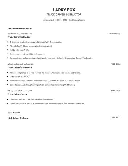 Truck Driver Instructor Resume