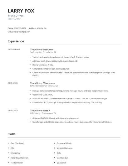 Truck Driver Instructor Resume