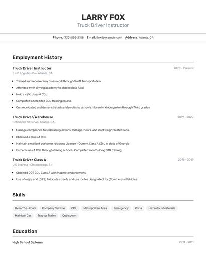 Truck Driver Instructor Resume
