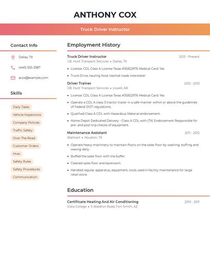 Truck Driver Instructor Resume