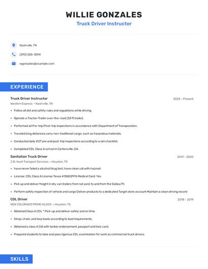 Truck Driver Instructor Resume