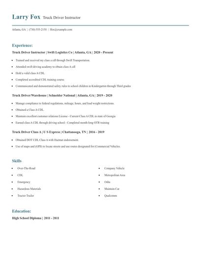 Truck Driver Instructor Resume