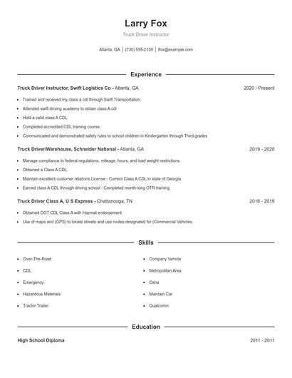 Truck Driver Instructor Resume