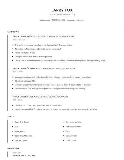 Truck Driver Instructor Resume