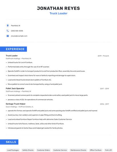 Truck Loader Resume