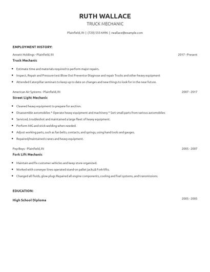 Truck Mechanic Resume