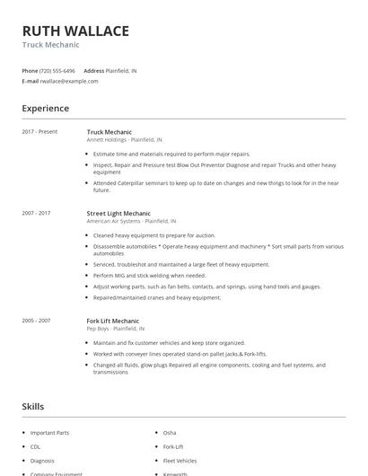 Truck Mechanic Resume
