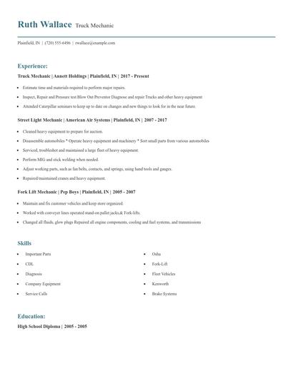 Truck Mechanic Resume