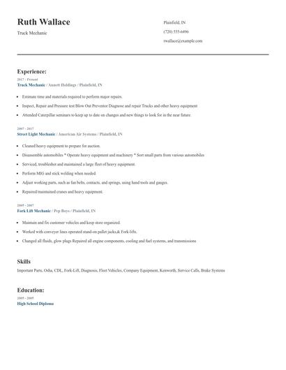 Truck Mechanic Resume