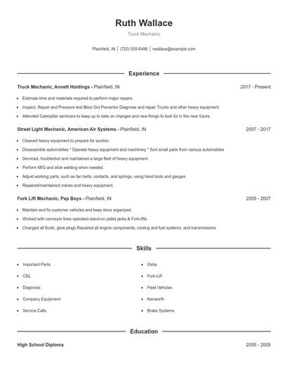 Truck Mechanic Resume