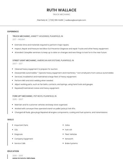 Truck Mechanic Resume