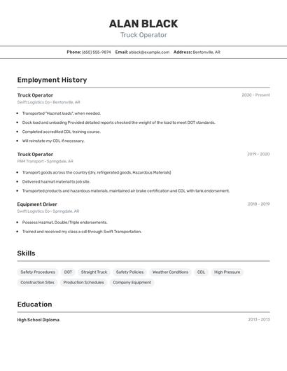 Truck Operator Resume