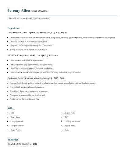 Truck Operator Resume