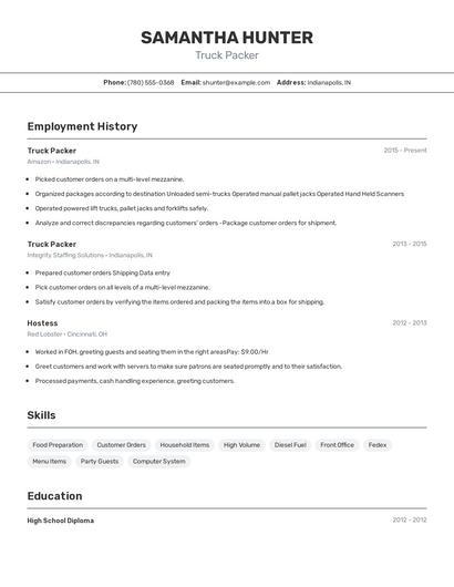 Truck Packer Resume