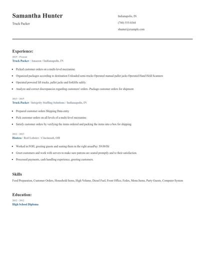 Truck Packer Resume