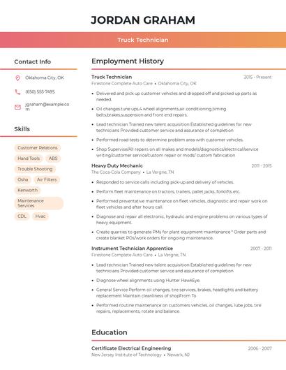 Truck Technician Resume