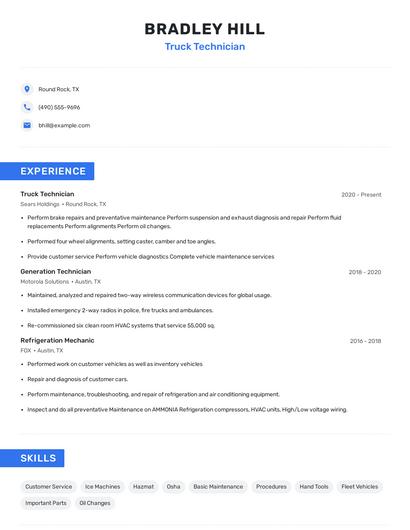 Truck Technician Resume