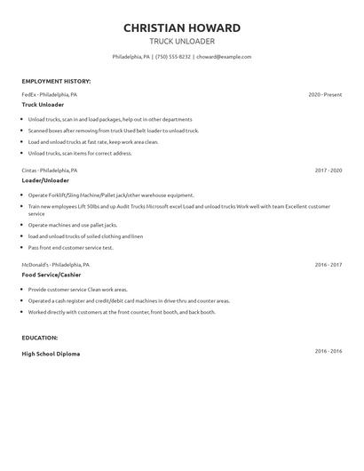 Truck Unloader Resume