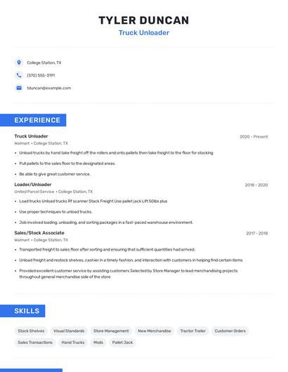 Truck Unloader Resume