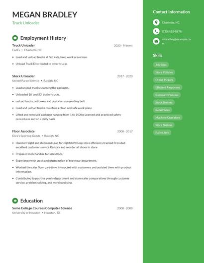 Truck Unloader Resume