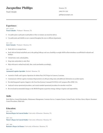 Truck Unloader Resume