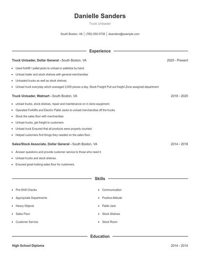 Truck Unloader Resume