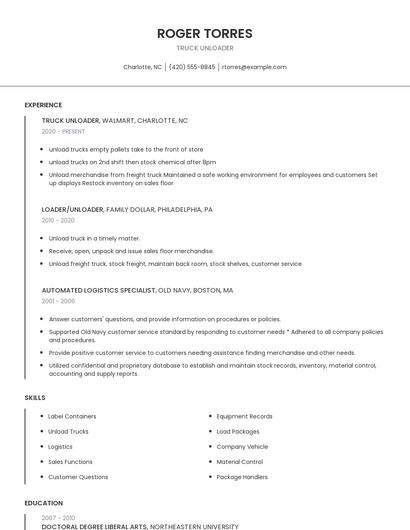 Truck Unloader Resume