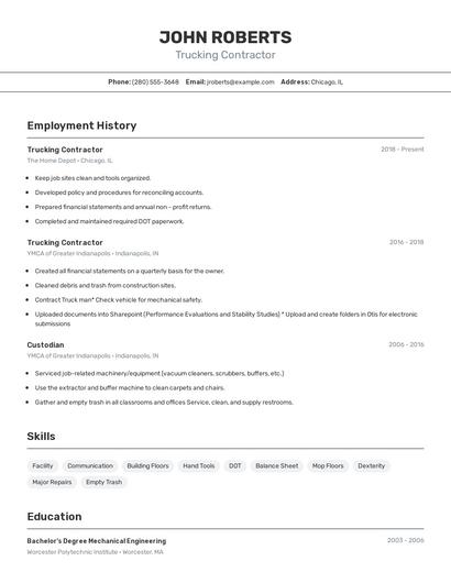 Trucking Contractor Resume