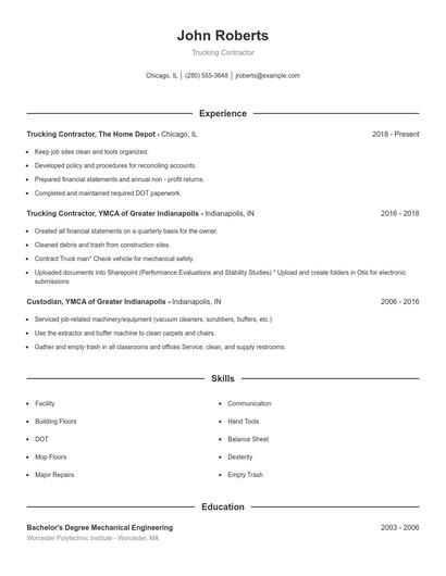 Trucking Contractor Resume