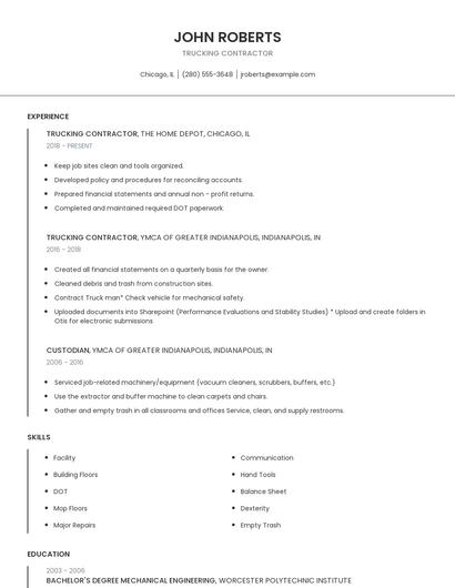 Trucking Contractor Resume
