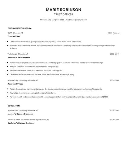 Trust Officer Resume