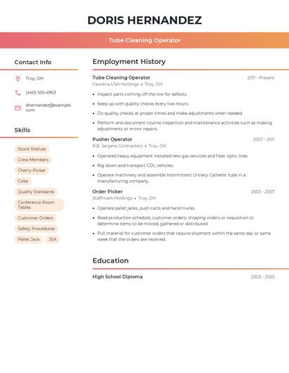 Tube Cleaning Operator Resume