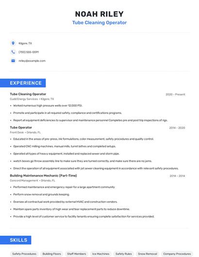 Tube Cleaning Operator Resume